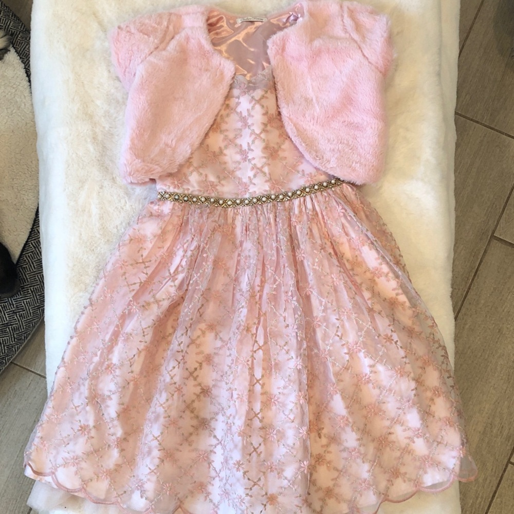 Couture Princess Girls Sparkle Floral Dress with Faux Fur Shrug Girls Size 8